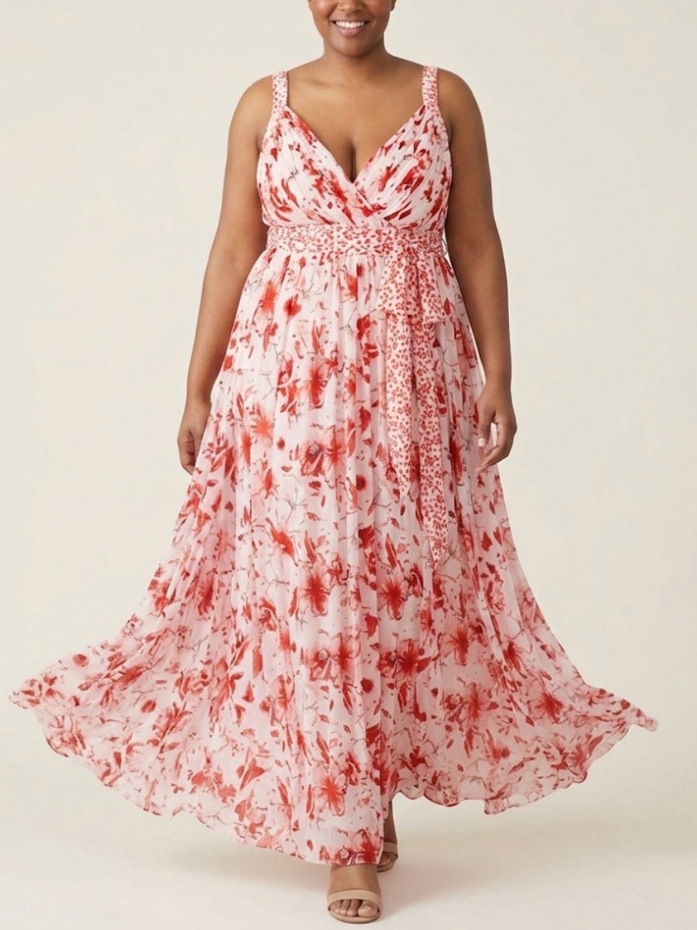 Badgley Mischka Red and White Floral Pleated Maxi Dress Pristine sz 20